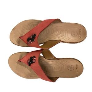Women's Crocs Thong Sandals‎ Minne Mickey Mouse Wedge Heel Coral Red Size 9 Wide